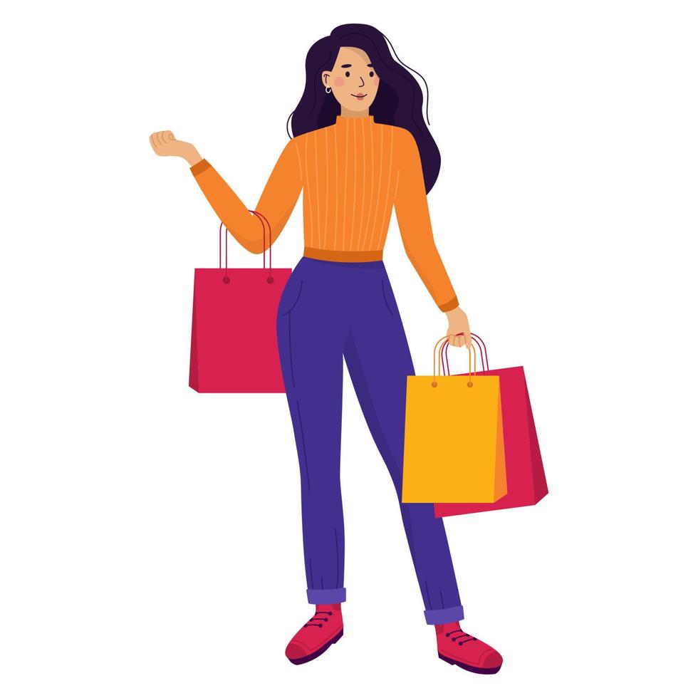 Smiling girl with shopping bags on sale in cartoon style vector
