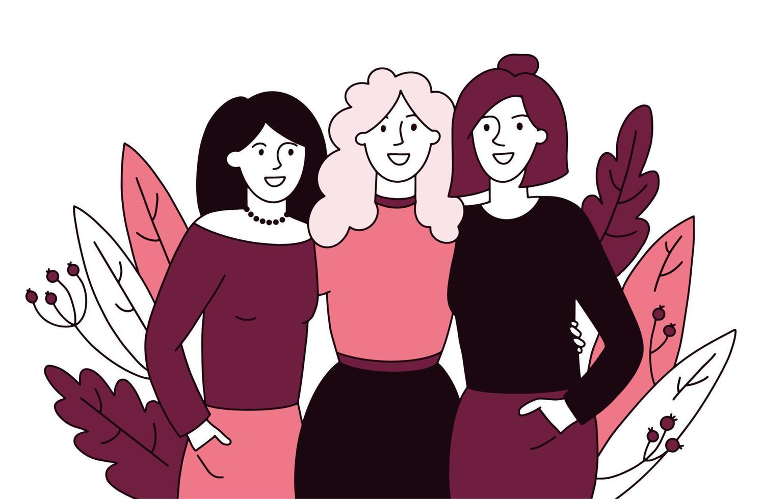 tres mujeres juntas, un concepto de amistad dibujado a mano con flores vector
