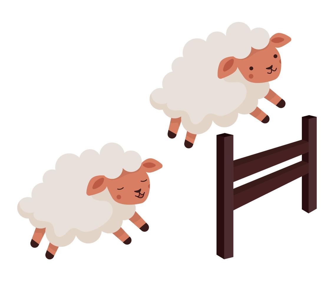 las ovejas saltan por encima de la cerca. insomnio, contar corderos para conciliar el sueño vector