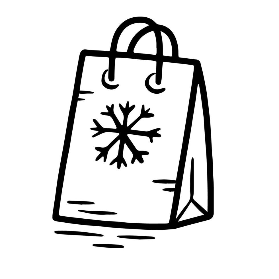 Bolsa de regalo de año nuevo de Navidad con copo de nieve, compras, icono de vector lineal en estilo doodle