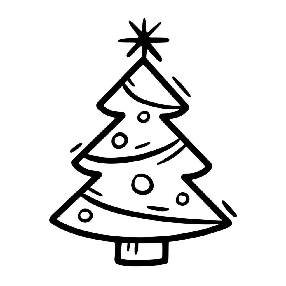 árbol de navidad y año nuevo con juguetes, icono de vector lineal en estilo doodle