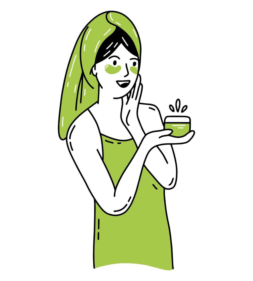 A woman after taking a bath is smeared with cream in doodle style vector