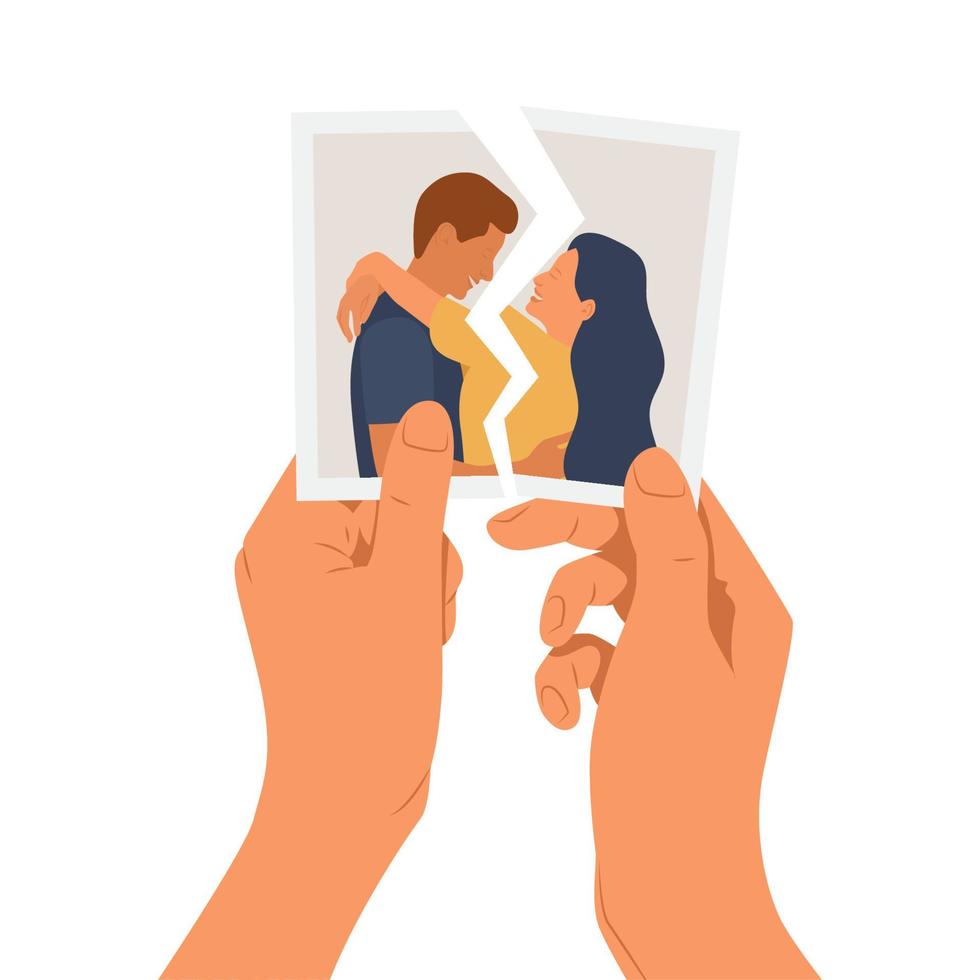 Hands holding a torn photo of a couple in love. The concept of divorce, separation and broken heart vector