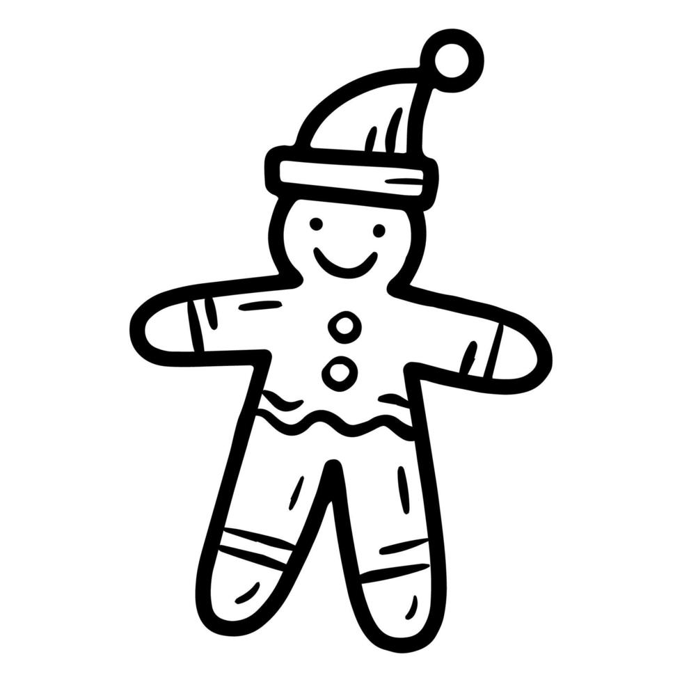 Hombre de pan de jengibre de Navidad y año nuevo con sombrero, icono de galleta de vector lineal en estilo doodle