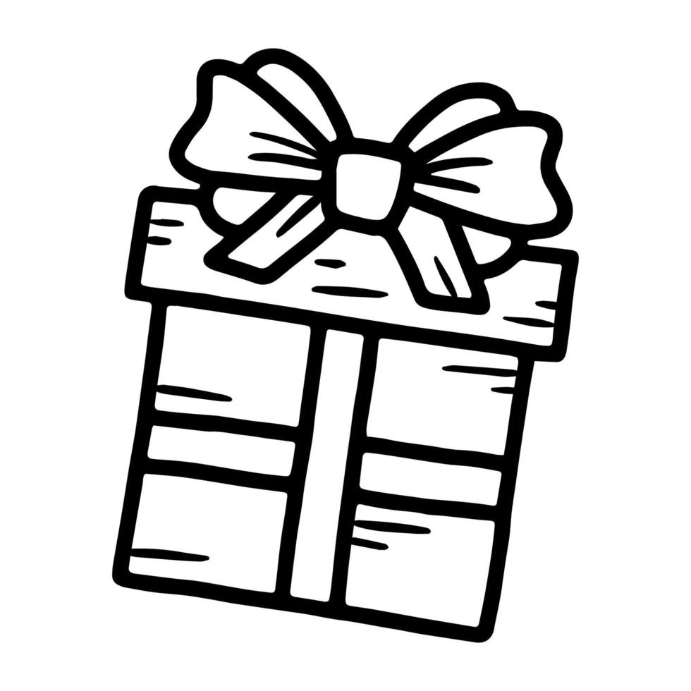 Gift box with bow and ribbon linear vector icon in doodle style