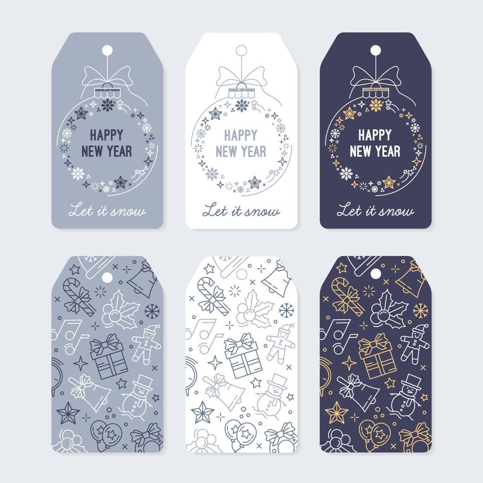 Christmas tags and labels for gifts set. Happy new year. Vector cards for printing in blue colors with linear icons.