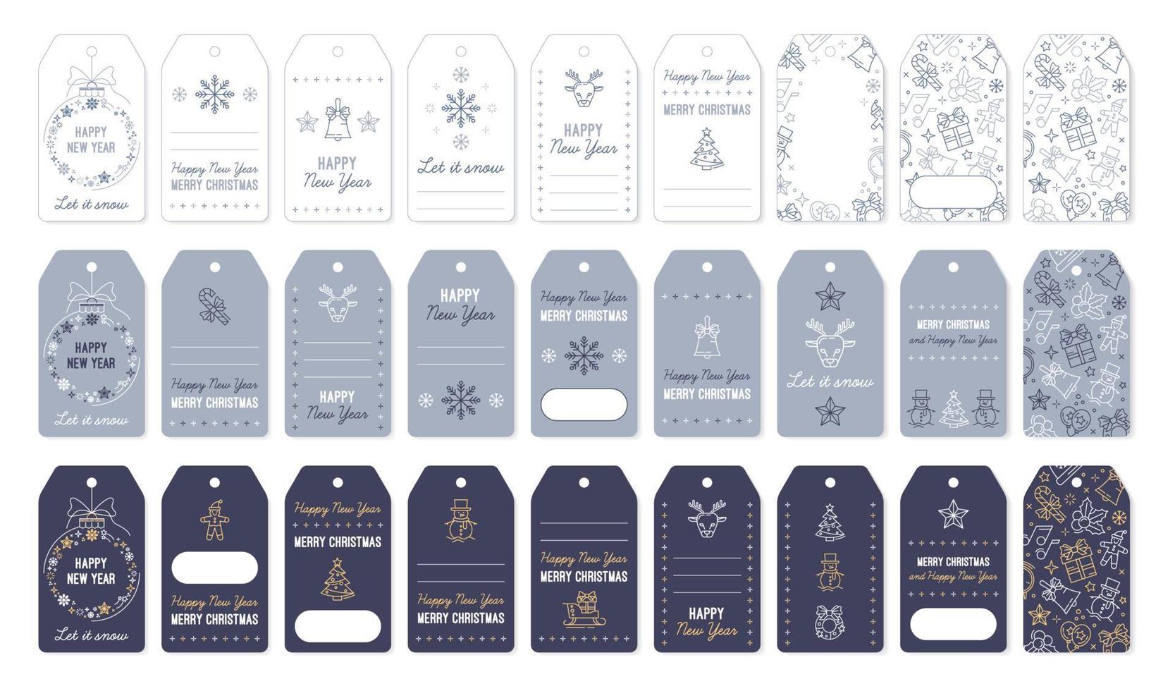 etiquetas navideñas y etiquetas para regalos de año nuevo. vector conjunto de tarjetas para imprimir en colores azules con iconos lineales.