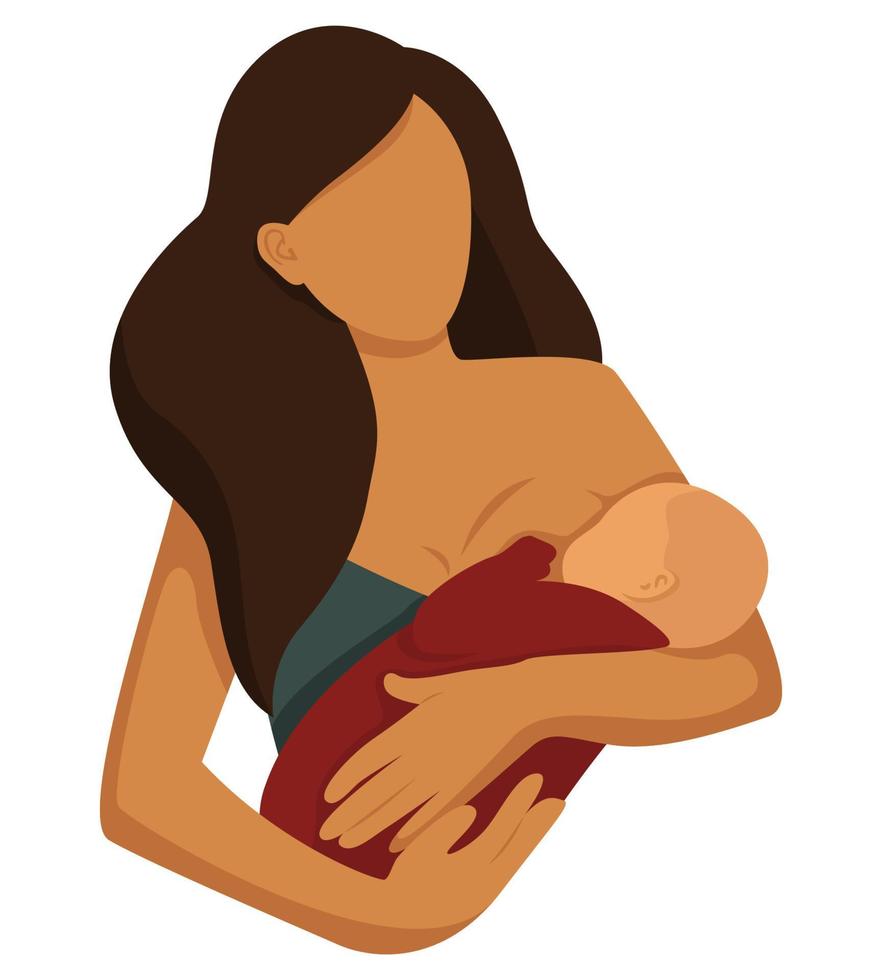 Dark-skinned woman breast-feeds a baby in her arms, flat vector cartoon illustration