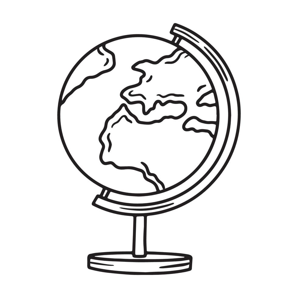 Linear vector icon of the school globe on a stand in the doodle style