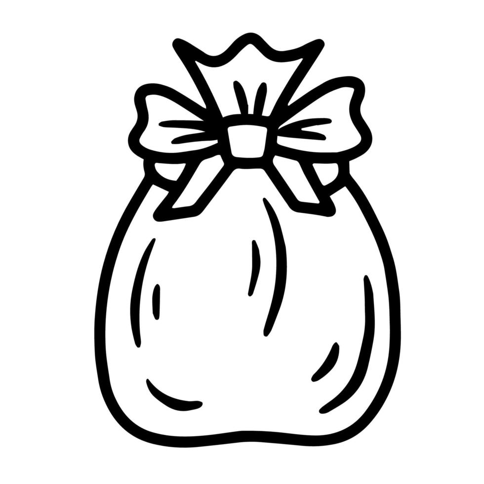 bolsa de navidad con regalos y un arco, icono de vector lineal en estilo doodle