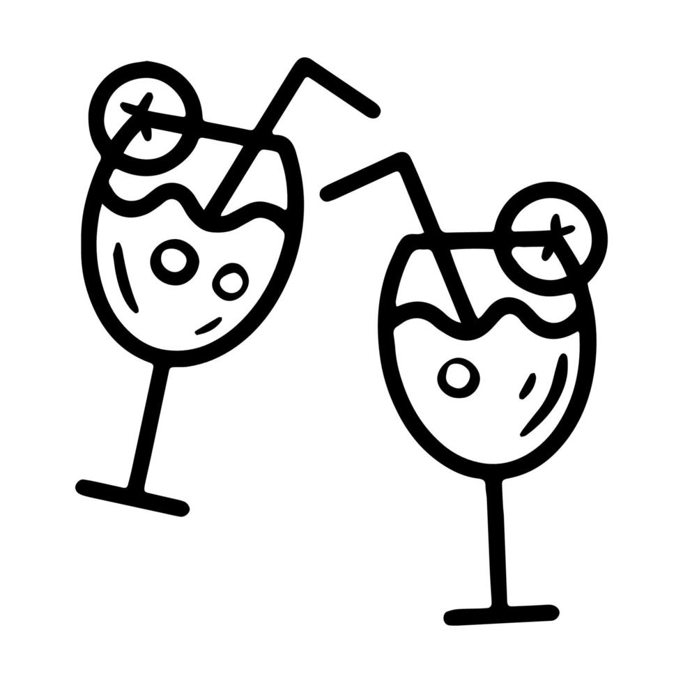 Two glasses with cocktail and straws linear icon vector