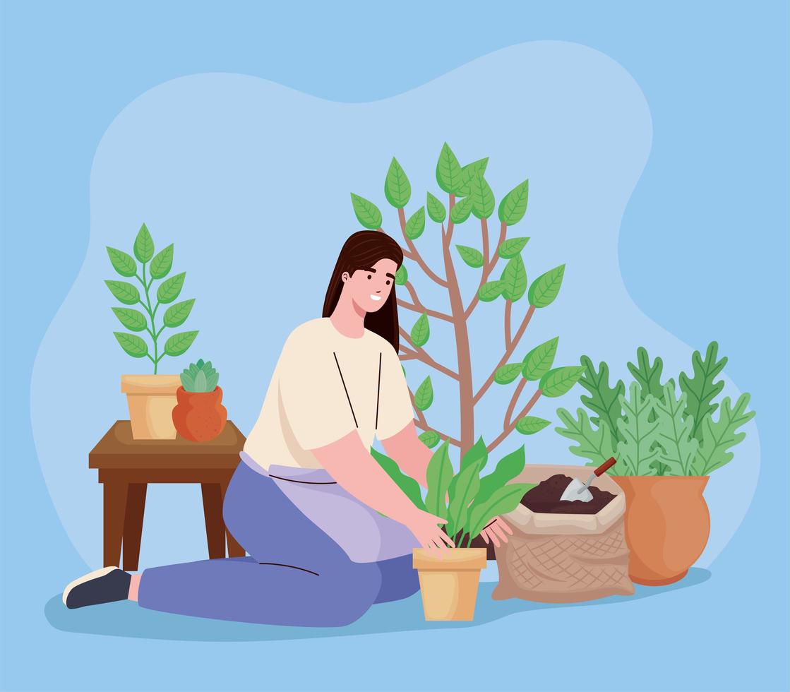 mujer plantando personajes vector