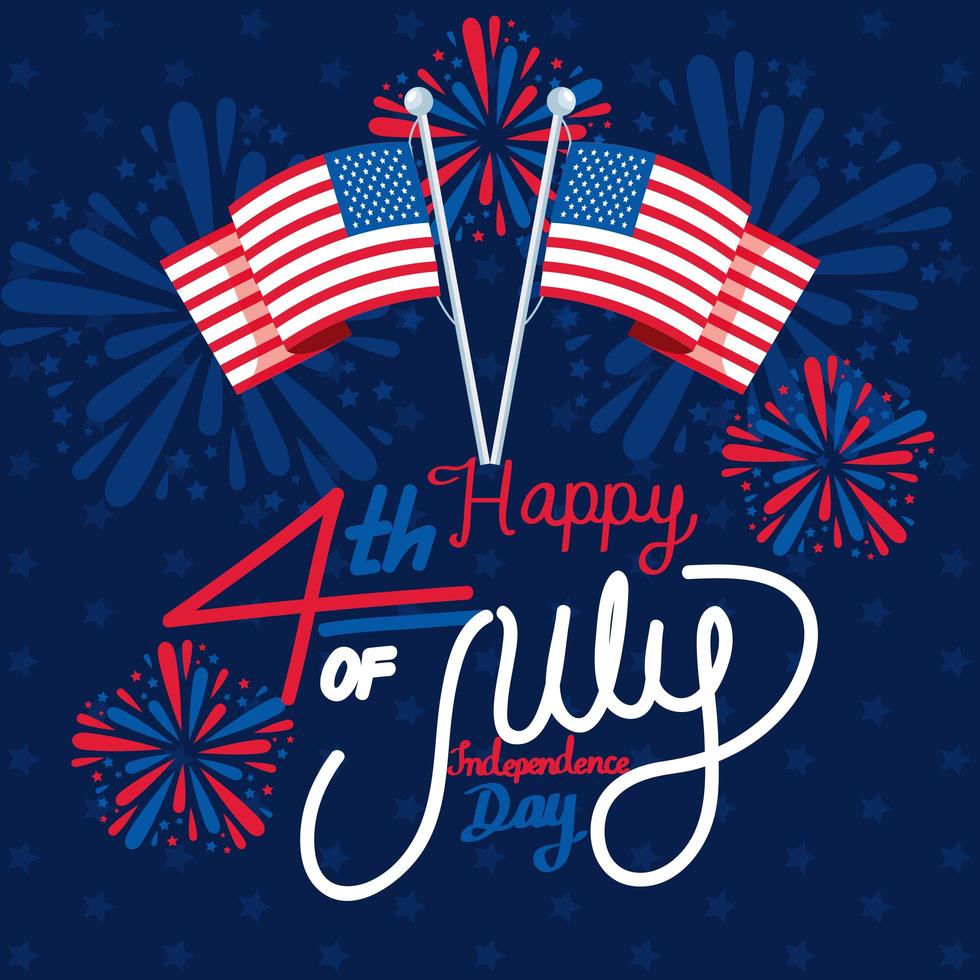 4th july with flags and fireworks vector