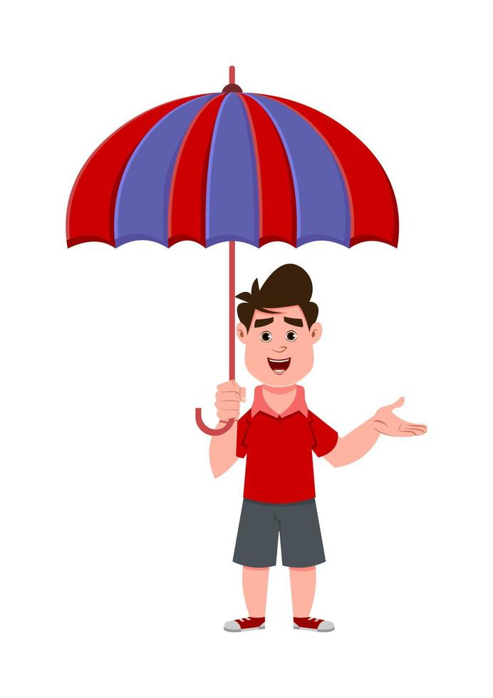 cute boy using umbrella vector