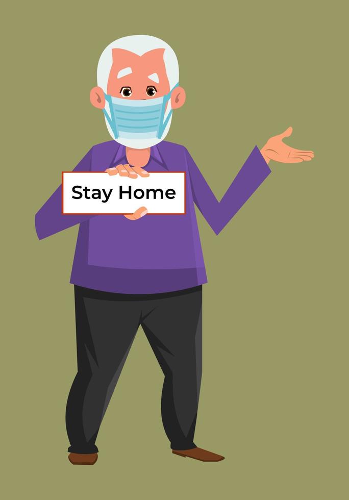 anciano con máscara y consejos para quedarse en casa. coronavirus prevenir consejos. diseño de personajes de estilo plano antiguo para su diseño, movimiento o animación. vector