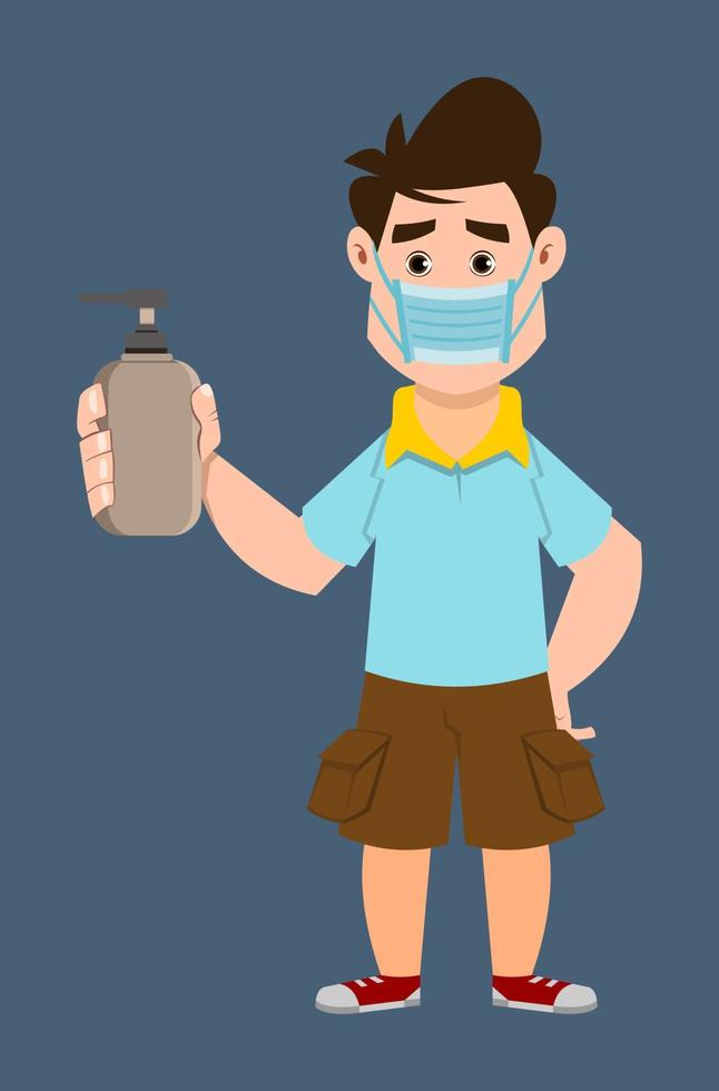 cute boy wear face mask and show hand sanitizer bottle vector