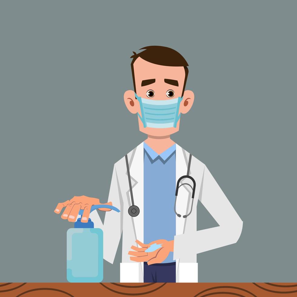 doctor sanitizing hands with gel vector