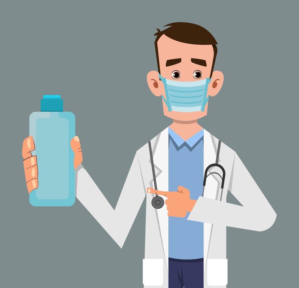 doctor holding and showing sanitizer gel bottle vector