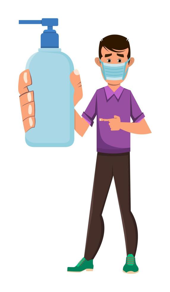 boy wearing face mask and showing alcohol gel bottle. covid-19 or coronavirus concept illustration vector