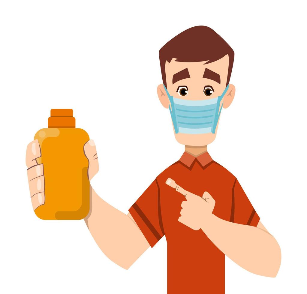handsome man holding and showing sanitizer gel bottle vector