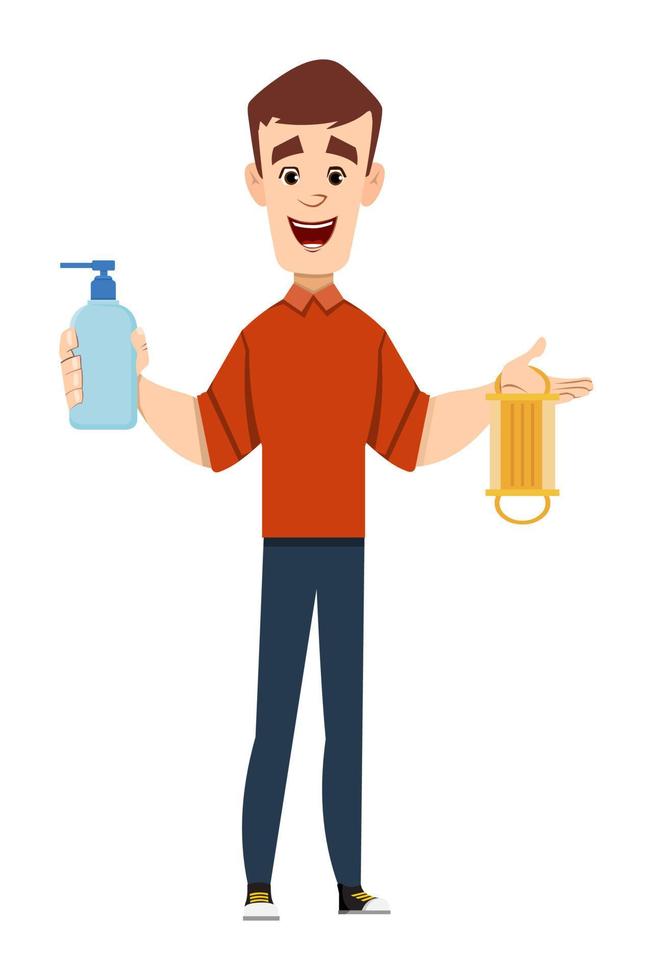 handsome man holding and showing sanitizer gel bottle and face mask vector