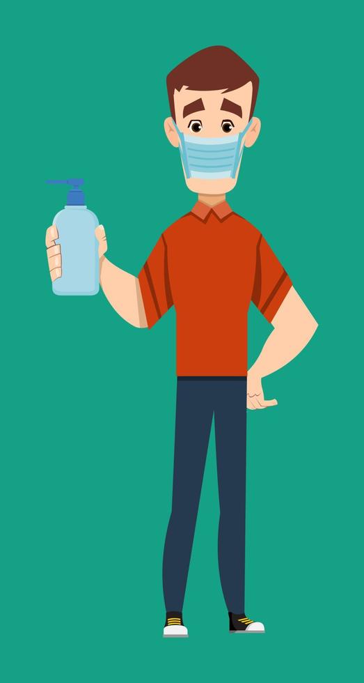 handsome man wear face mask and show hand sanitizer bottle vector