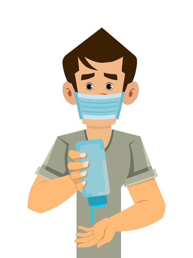 man wear mask and clean his hand with hand sanitizer vector