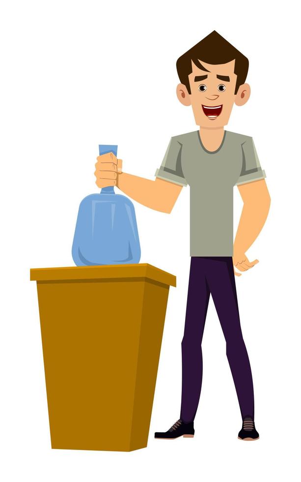 casual man put bag of garbage in the trash vector