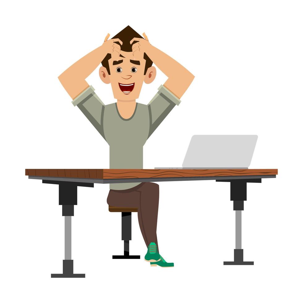 casual man squeezing head with hands on his computer desk vector