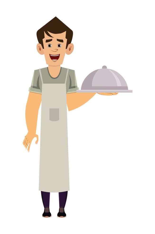 El camarero feliz sostiene la bandeja abovedada, ilustración de vector de personaje de dibujos animados
