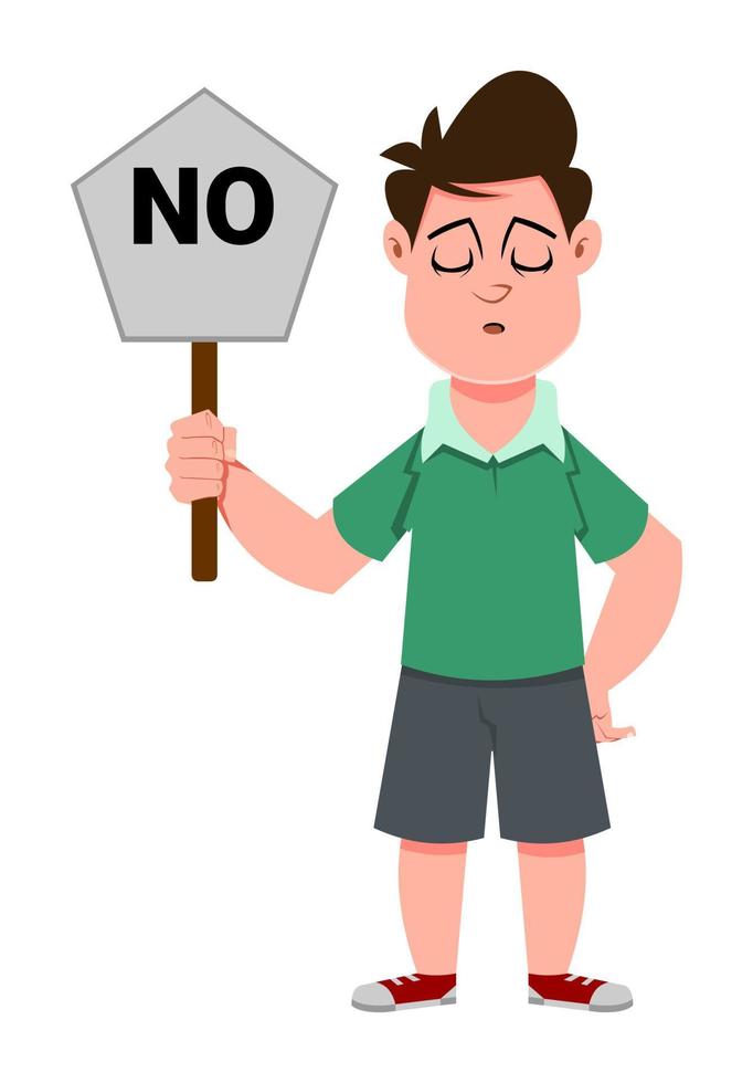 cute boy carries wrong sign. Cute kid flat style character for design, motion or design. vector