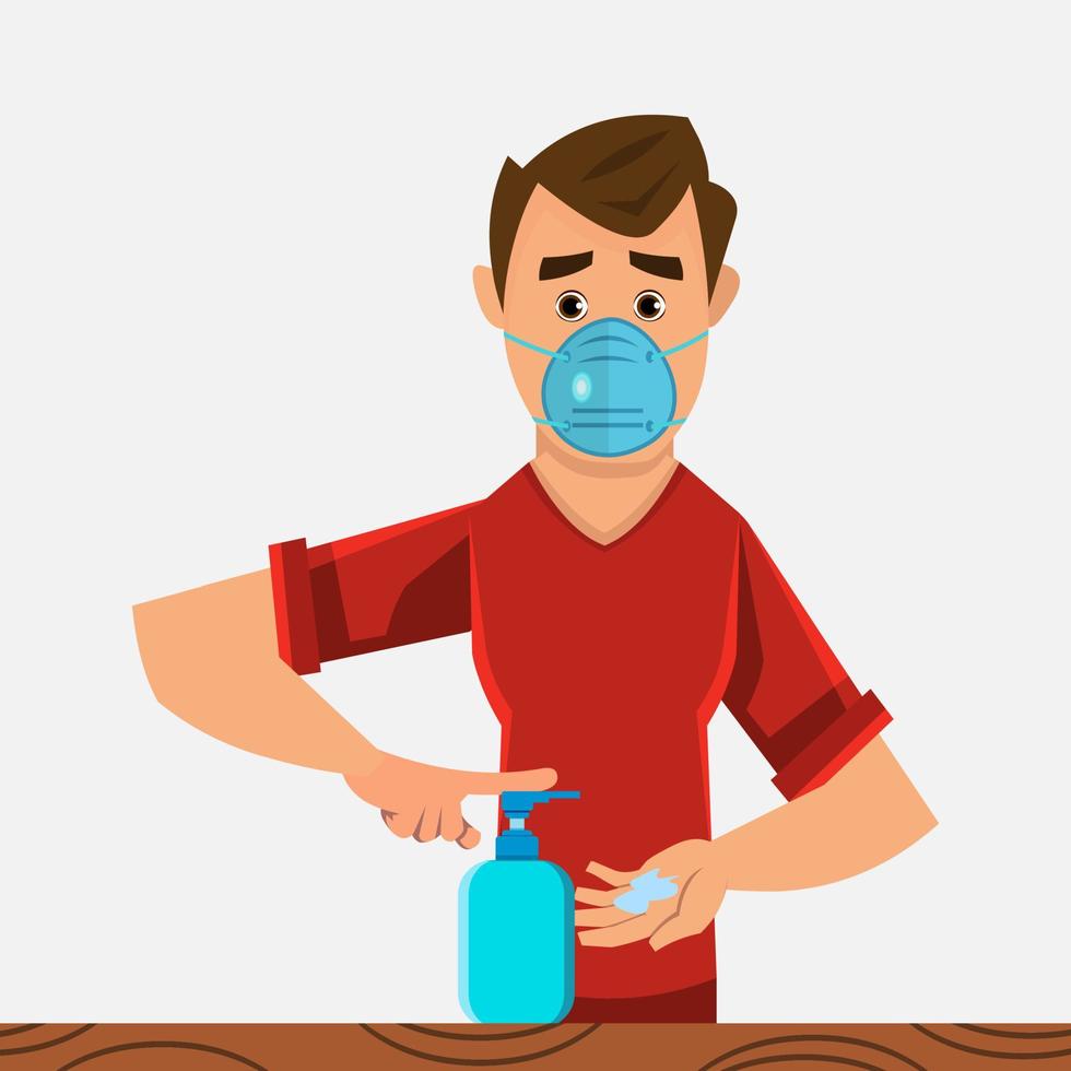 young boy wear mask and washing hands with sanitizer gel. Flat style character design for your design, motion or animation. vector