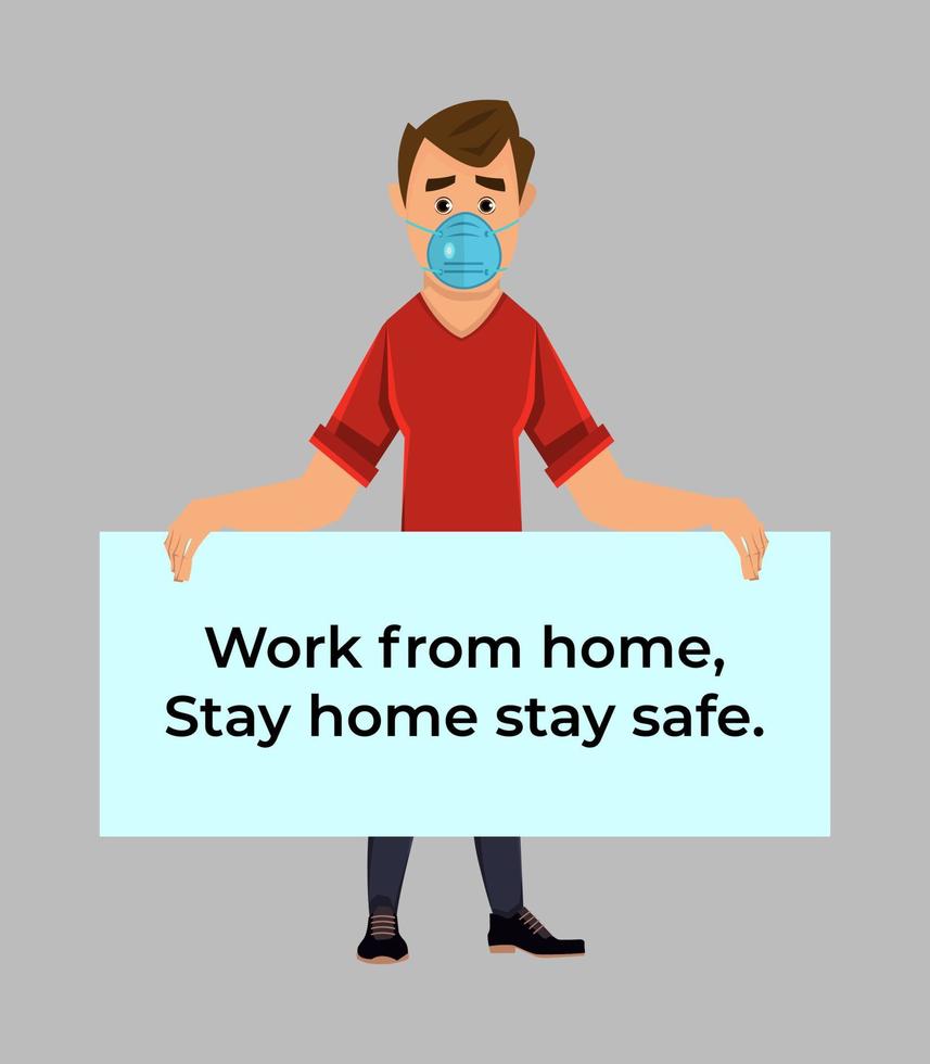 young boy holding poster requesting people avoid corona virus and covid-19 spreading by staying at home. Flat style character design for your design, motion or animation. vector