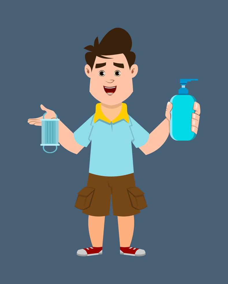 cute boy holding and showing sanitizer gel bottle and face mask vector