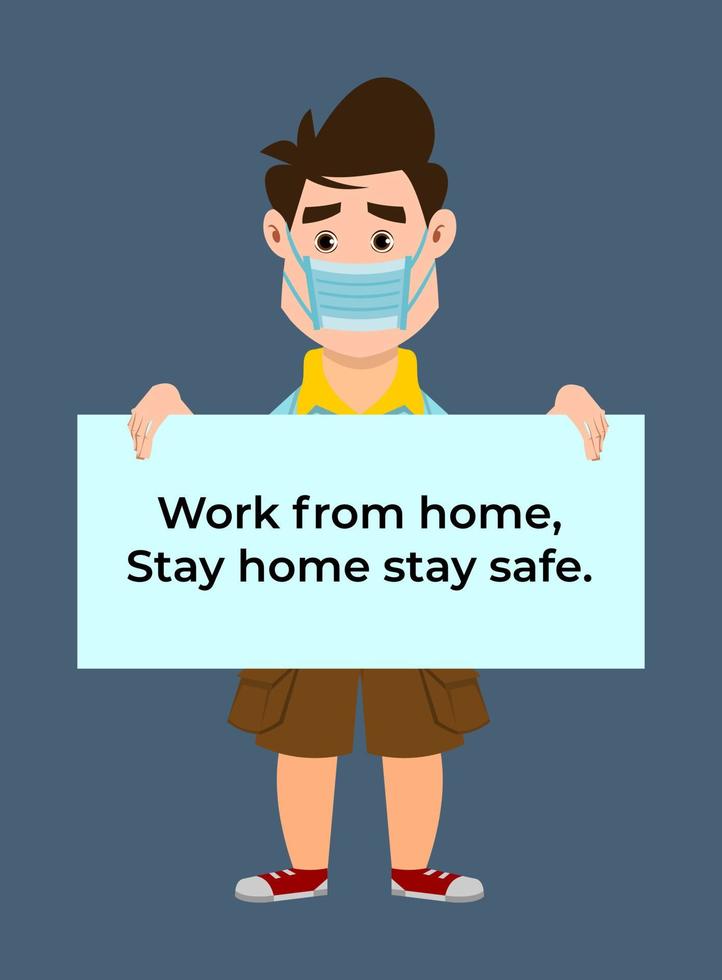 cute boy work from home, stay home stay safe vector