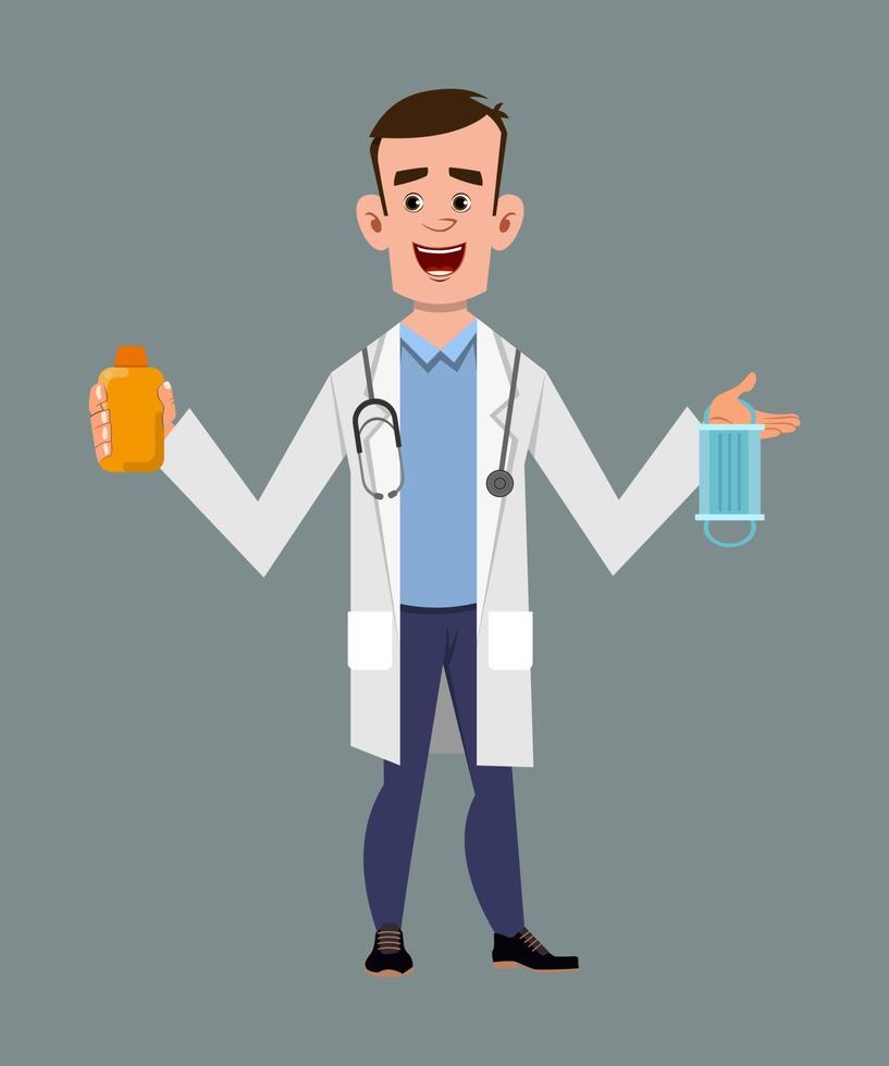 doctor holding and showing sanitizer gel bottle and face mask vector