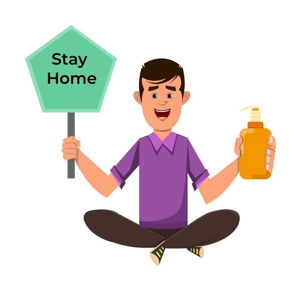 boy showing alcohol gel bottle and stay home placard vector