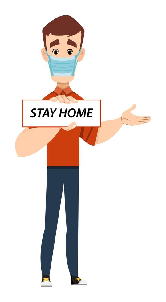 man wearing mask and advice for stay home. coronavirus prevent advice vector