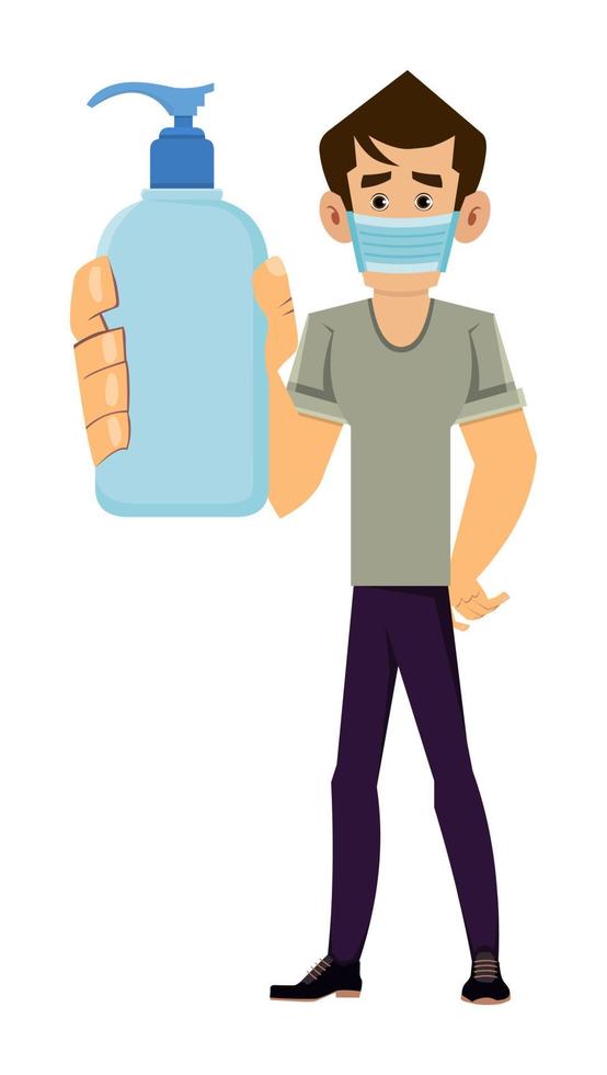 man wear face mask and show hand sanitizer bottle vector