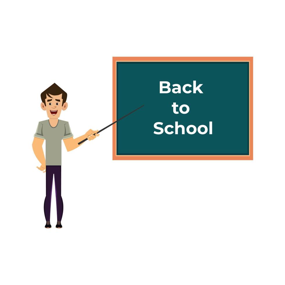 Back to school concept illustration. Teacher standing in front of blackboard in classroom. Teacher with pointer, teacher showing on board. vector