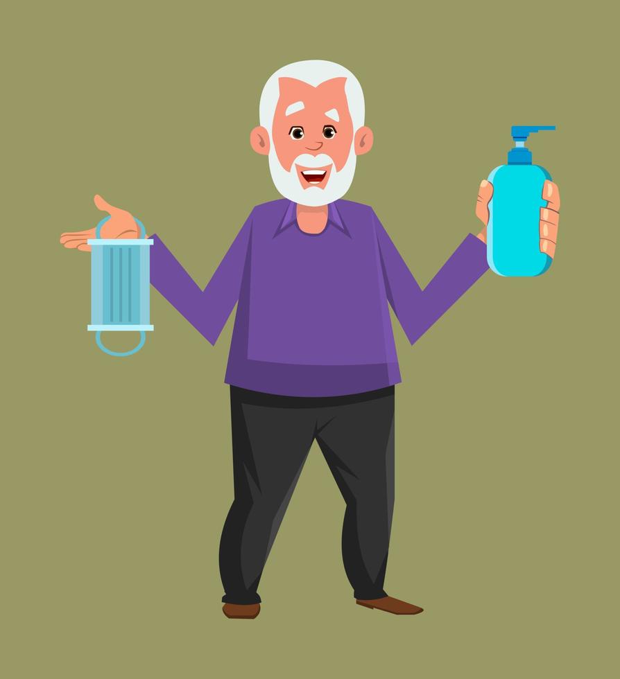 old man holding and showing sanitizer gel bottle and face mask. old flat style character design for your design, motion, or animation. vector