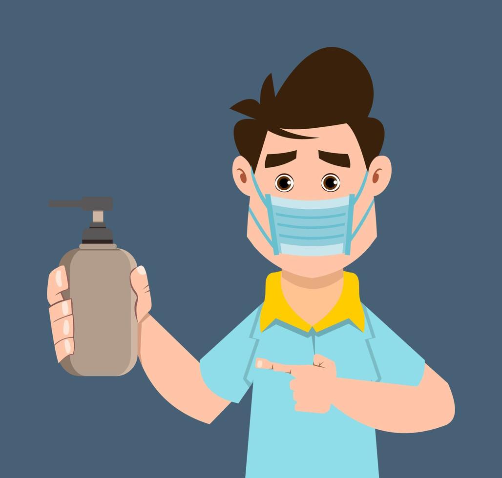 cute boy holding and showing sanitizer gel bottle vector