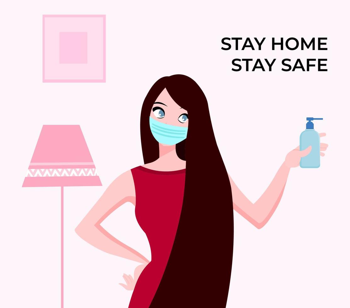 girl wearing face mask and showing sanitizer for preventing from corona virus or covid-19 vector