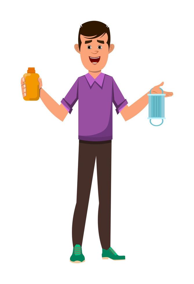 boy holding and showing sanitizer gel bottle and face mask vector