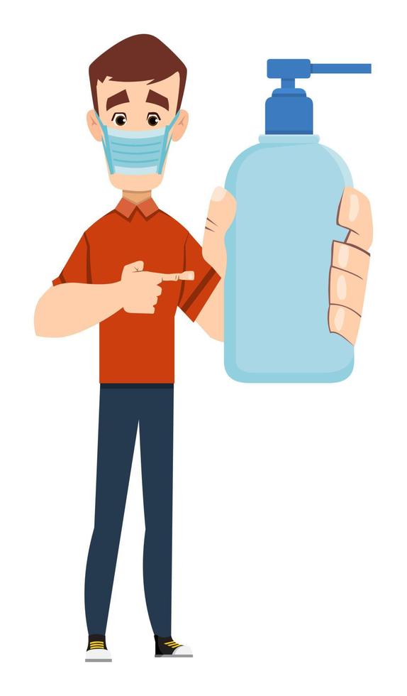 handsome man wearing face mask and showing alcohol gel bottle. covid-19 or coronavirus concept illustration vector