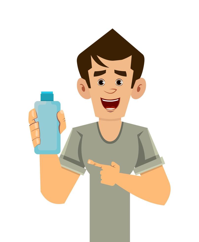 man holding and showing alcohol gel bottle vector