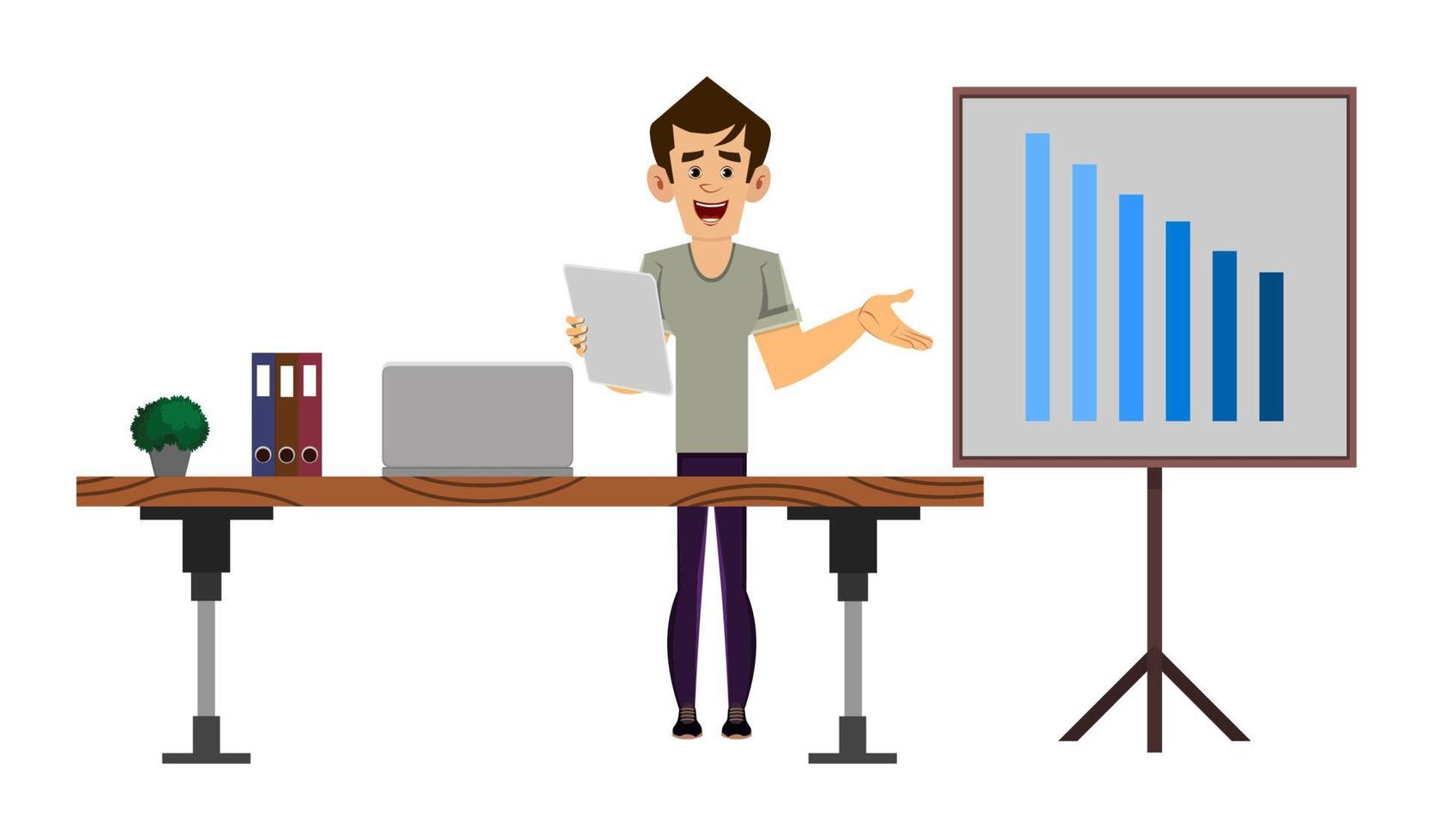 casual man cartoon character stand near his desk and giving presentation vector