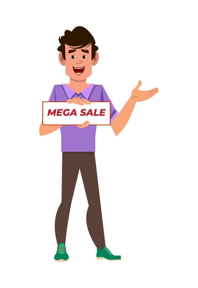 hombre sosteniendo el banner de mega venta vector