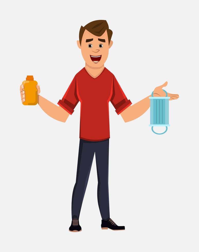 young boy holding and showing sanitizer gel bottle and face mask. Flat style character design for your design, motion or animation. vector