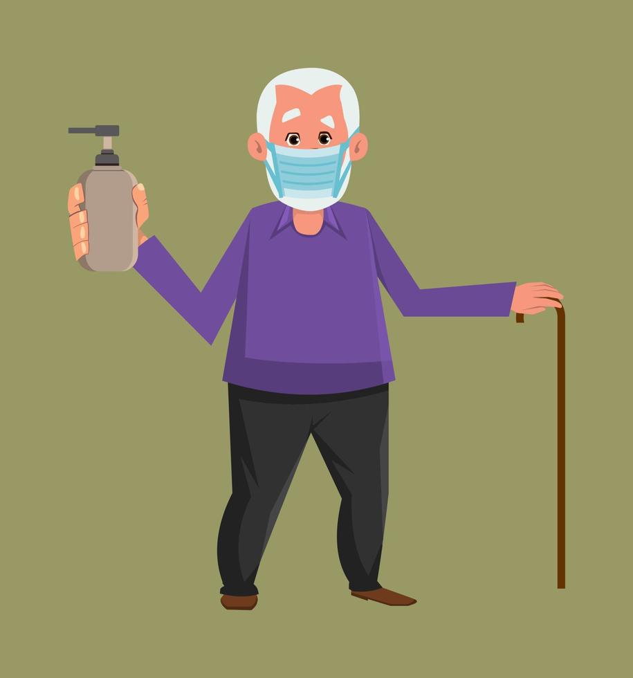 old man wear face mask and show hand sanitizer bottle. old flat style character design for your design, motion, or animation. vector